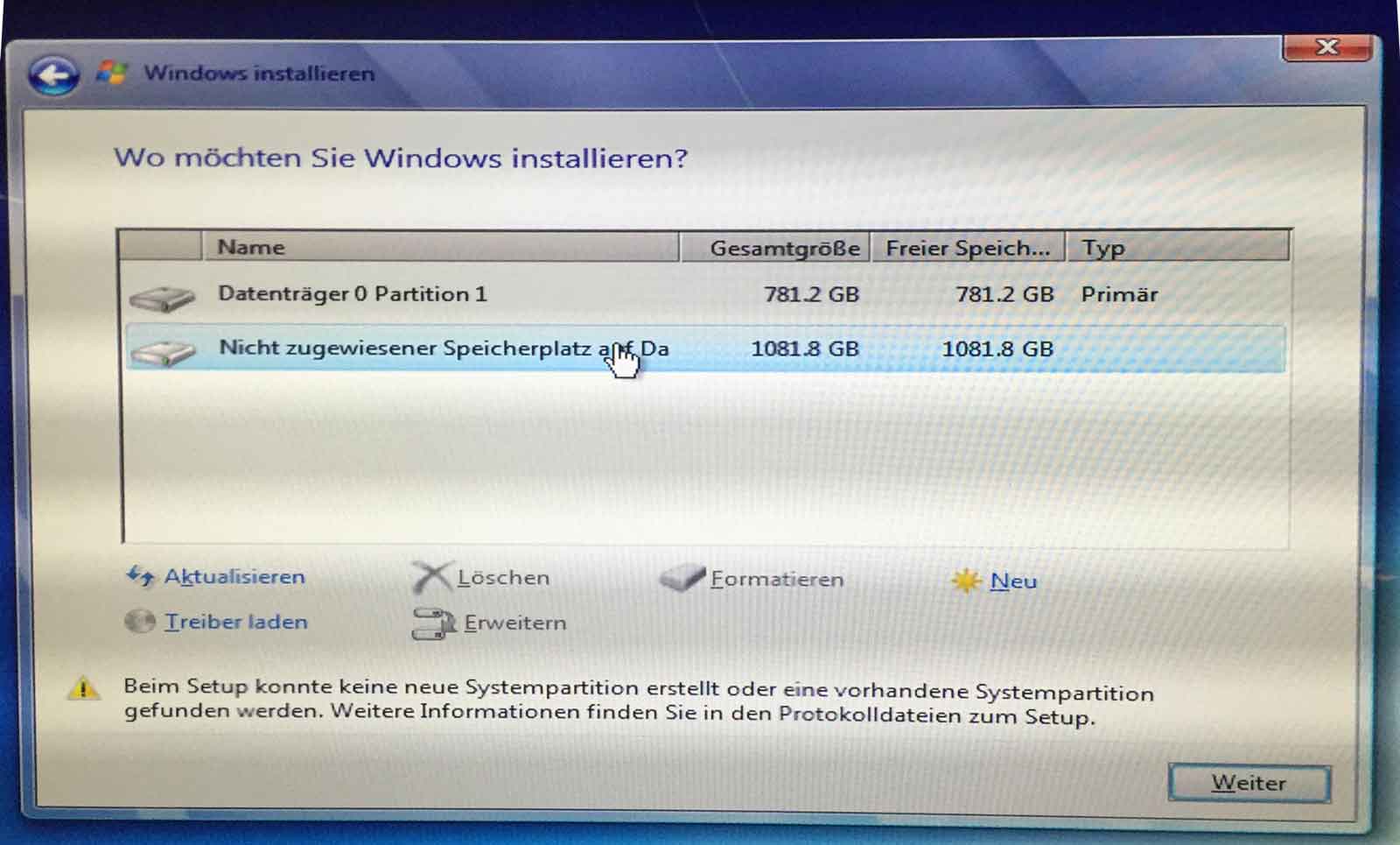 Keine neue Systempartition beim OS-Installieren erstellt werden kann
