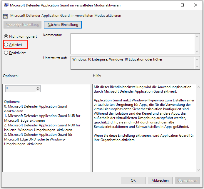 Windows Defender Application Guard Aktivieren