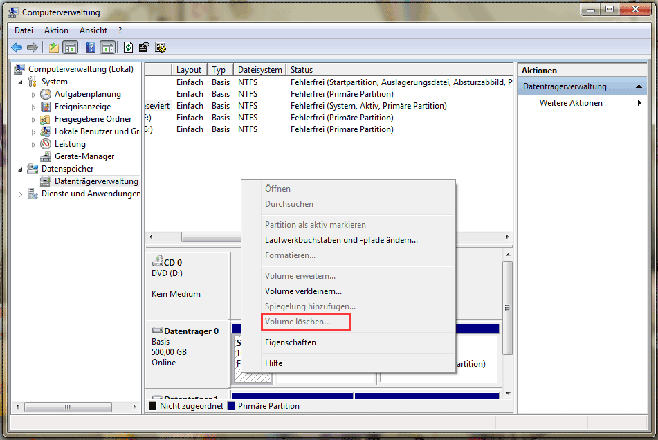 Volume löschen ausgegraut in Windows 7