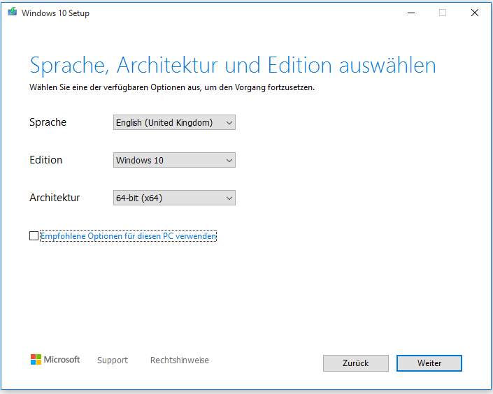 Wählen Sie die Optionen Sprache, Architektur und Edition aus