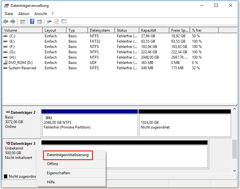 Wählen Sie Datenträger initialisieren