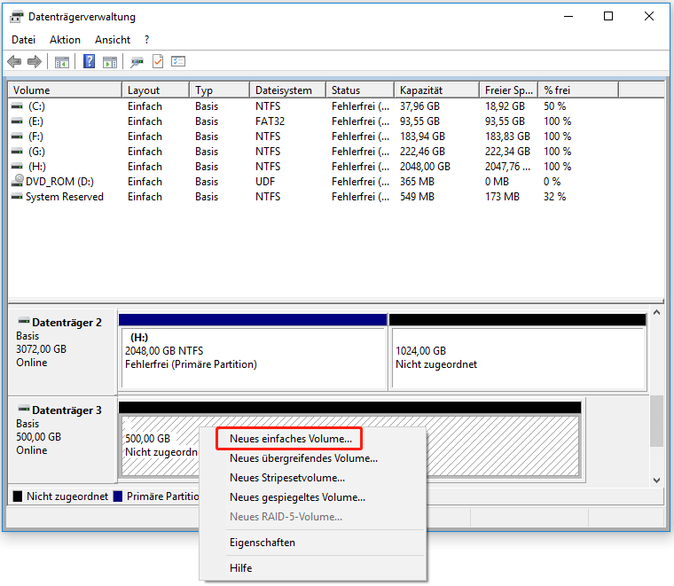 Wählen Sie Neues einfaches Volume.