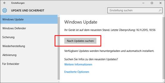Windows Update unter Einstellungen