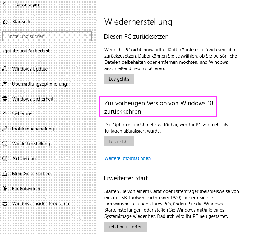 Windows 10 Zurück zur vorherigen Version funktioniert nicht