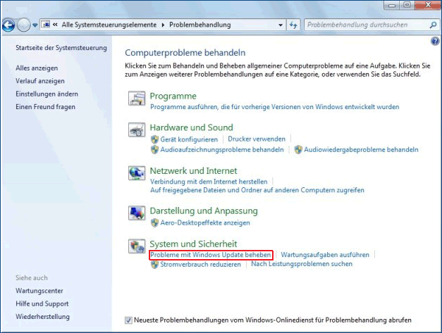 Wählen Sie die Option Probleme mit Windows Update beheben, um fortzufahren
