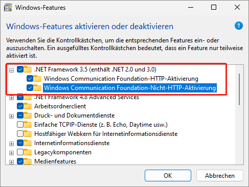 Microsoft .NET Framework 3.5 aktivieren