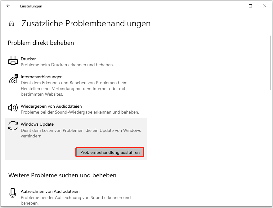 Ausführen der Windows Update-Problembehandlung