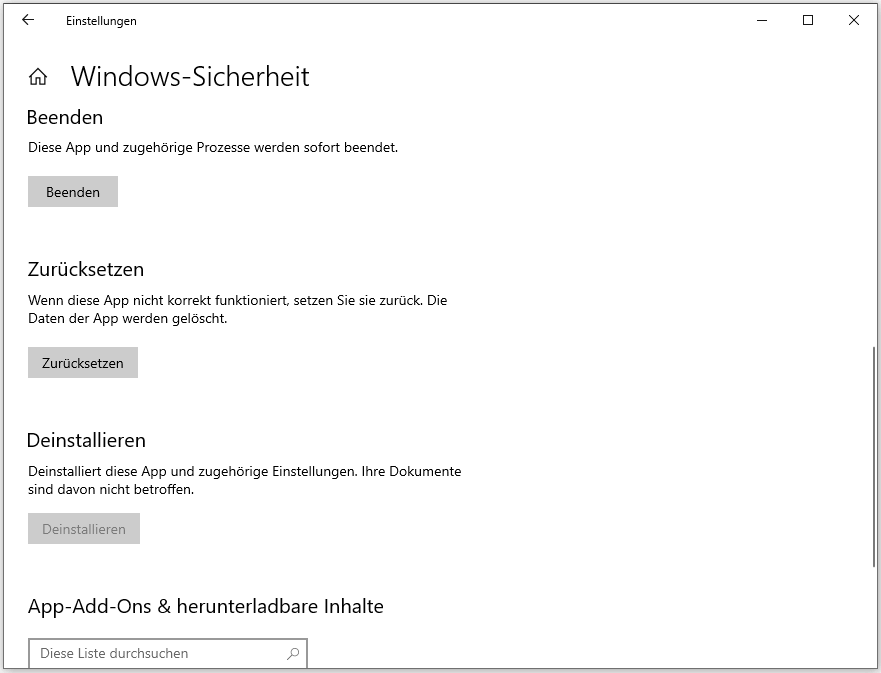 Windows-Sicherheit zurücksetzen oder reparieren