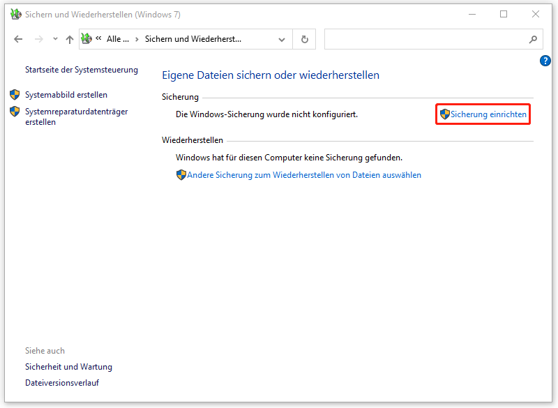 Dokumente mit Sichern und Wiederherstellen (Windows 7) sichern