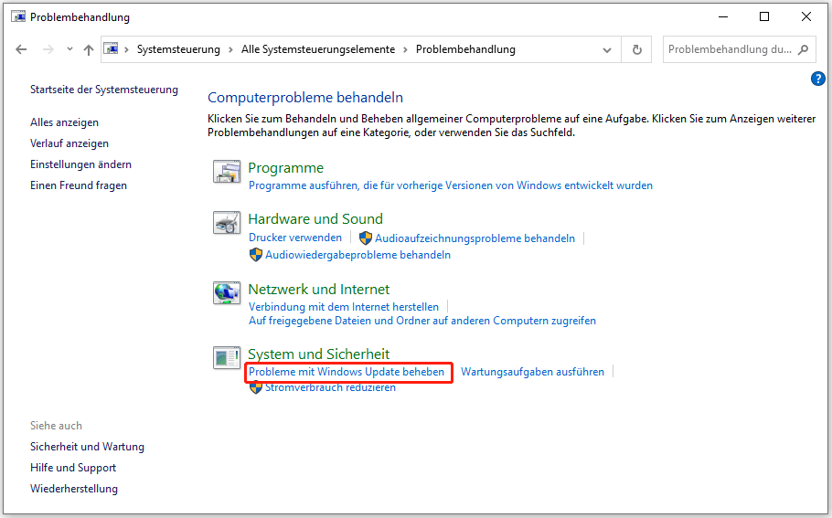 Wählen Sie Probleme mit Windows Update beheben