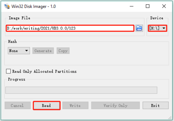 Wählen Sie Image-Datei und Geräte in Win32-Disk-Imager und dann klicken Sie auf Lesen