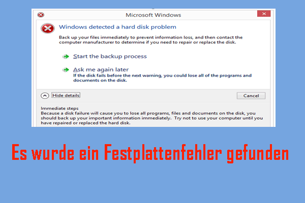 Es Wurde Ein Festplattenfehler Gefunden Windows 8 Detaillierte Lösungen für „Es wurde ein Festplattenfehler gefunden“