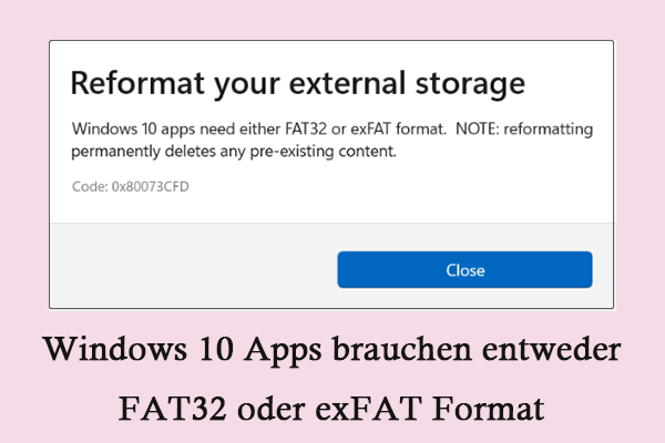 Windows 10 Apps brauchen entweder FAT32 oder exFAT Format