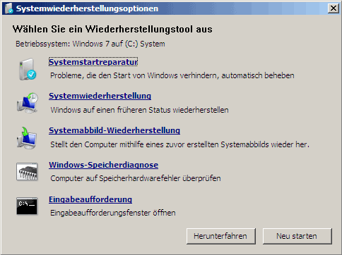Systemwiederherstellungsoptionen Windows 7