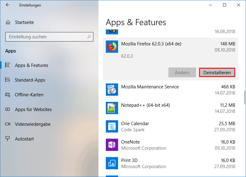 Programme deinstallieren Windows 10