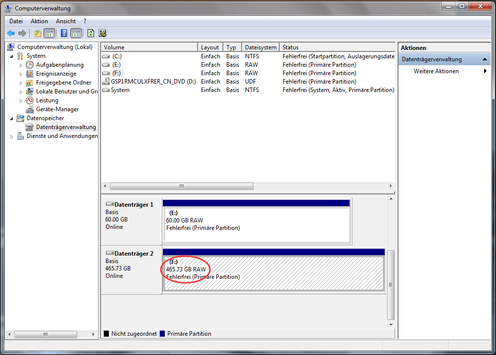 externe Festplatte wird in der Datenträgerverwaltung als RAW angezeigt