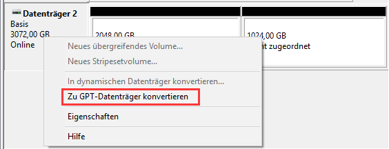 Datenträger in GPT konvertieren