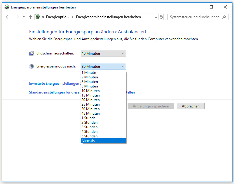 Energieplaneinstellungen ändern