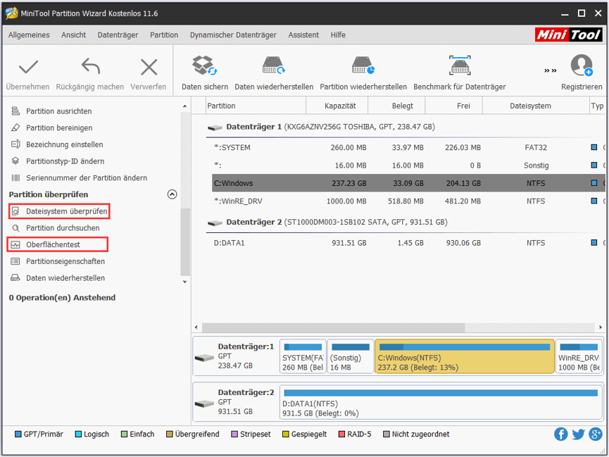 Mit Partition Wizard Dateisystem überprüfen