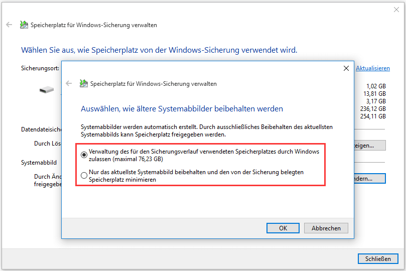 zwei Optionen zum Löschen von Windows-Abbildsicherungen