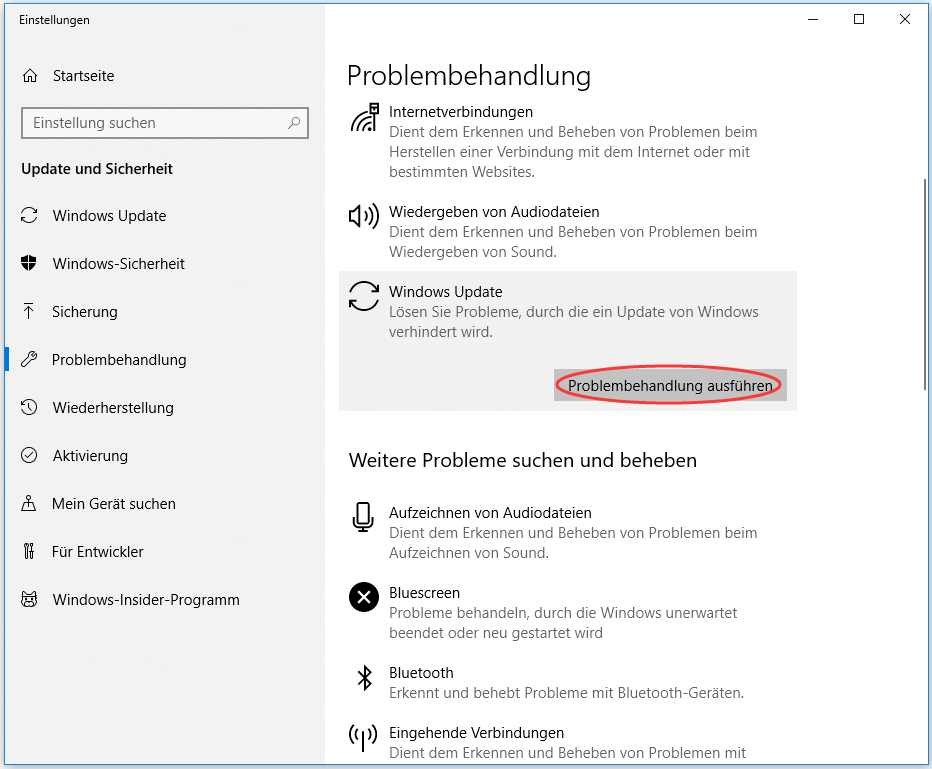 Problembehandlung für Windows Update ausführen