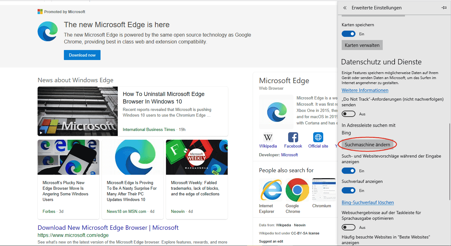 Bing aus Windows 10 Edge entfernen