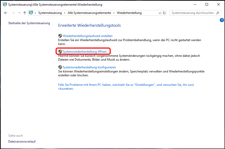 Systemwiederherstellung öffnen
