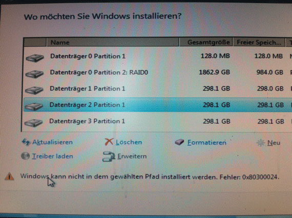 Windows kann nicht in dem gewählten Pfad installiert werden.
