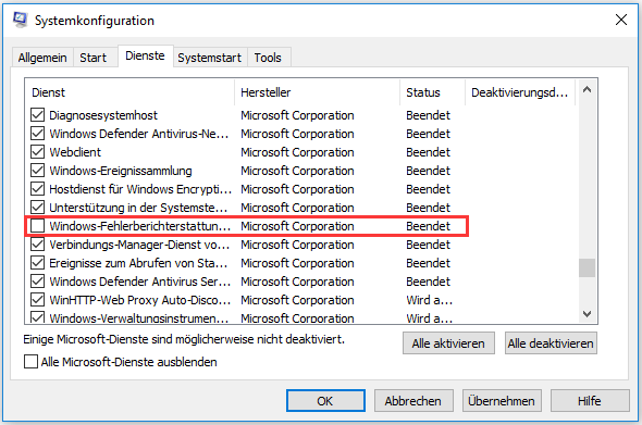Windows-Fehlerberichterstattungsdienst deaktivieren
