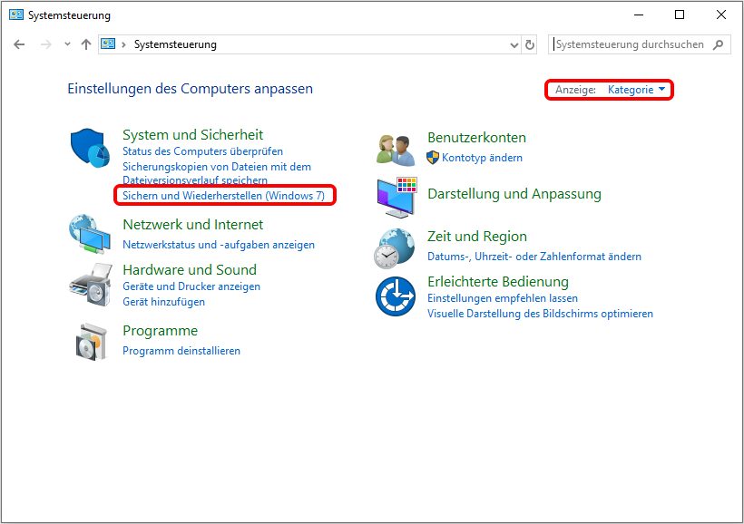 Sichern und Wiederherstellen (Windows 7)