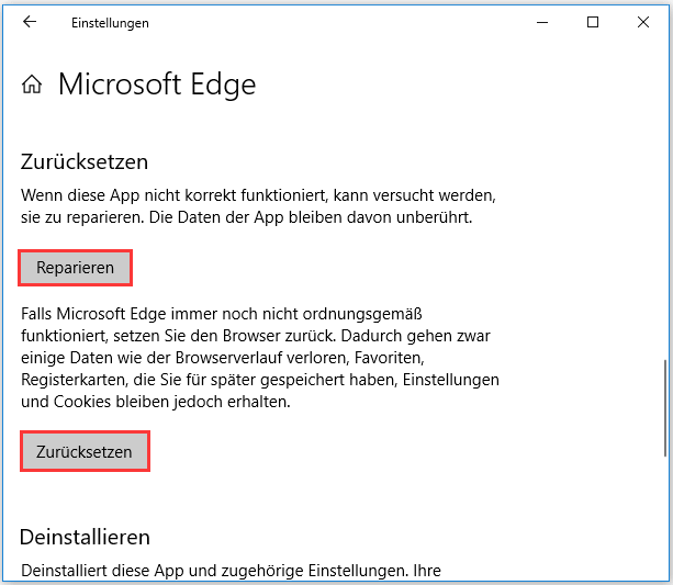Microsoft Edge reparieren oder zurücksetzen
