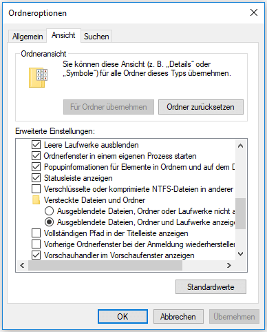 Versteckte Dateien, Ordner und Laufwerke anzeigen