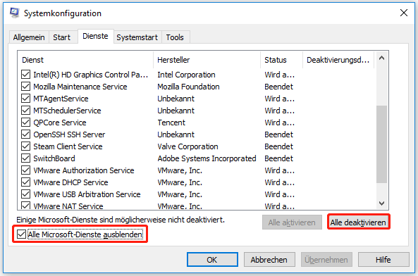 Markieren Sie Alle Microsoft-Dienste ausblenden