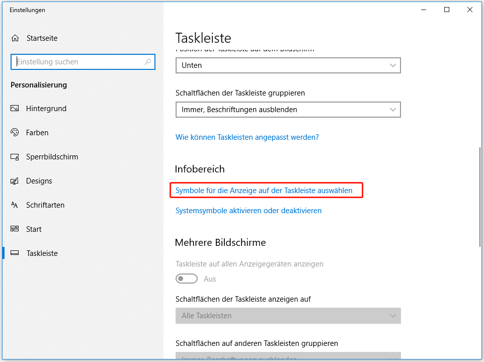  Symbole für die Anzeige auf der Taskleiste auswählen