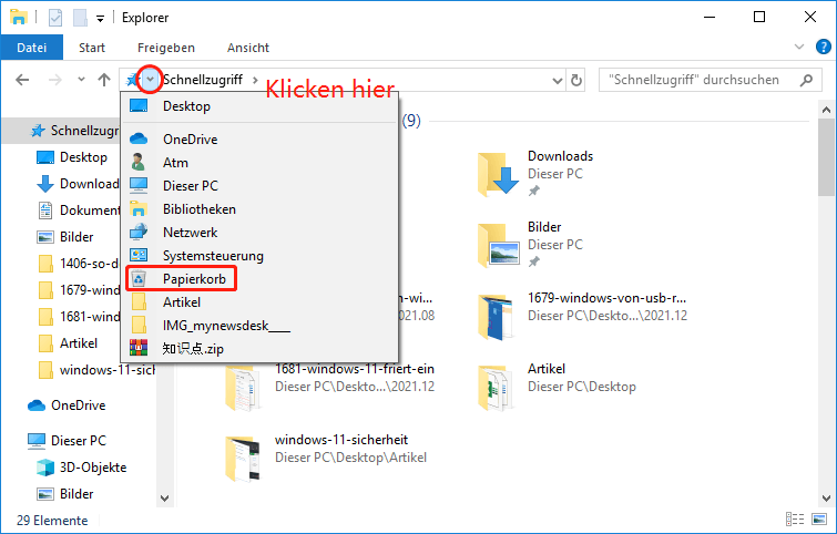 Papierkorb im Datei-Explorer öffnen
