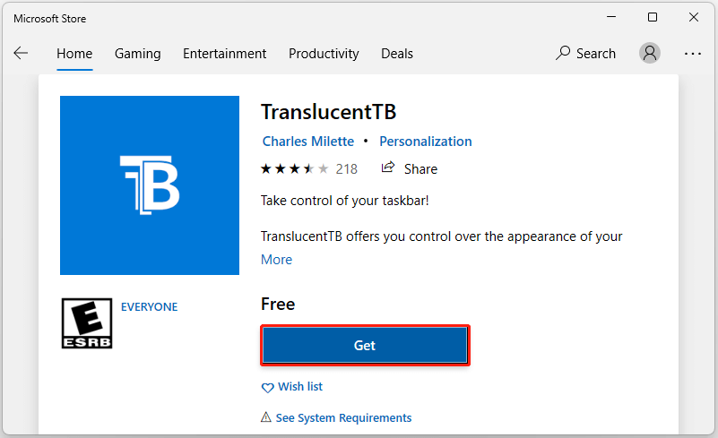 Suchen Sie im Microsoft Store nach TranslucentTB 