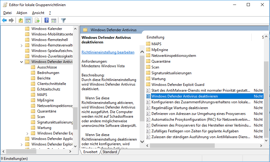Deaktivieren Sie Windows Defender Antivirus im Editor für lokale Gruppenrichtlinien