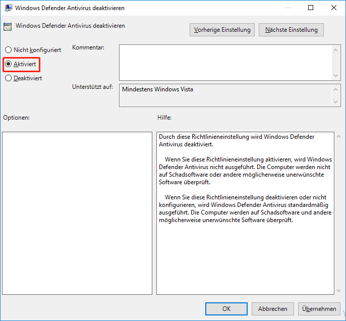 Aktivieren Sie Aktiviert im Windows Defender Antivirus-Fenster deaktivieren