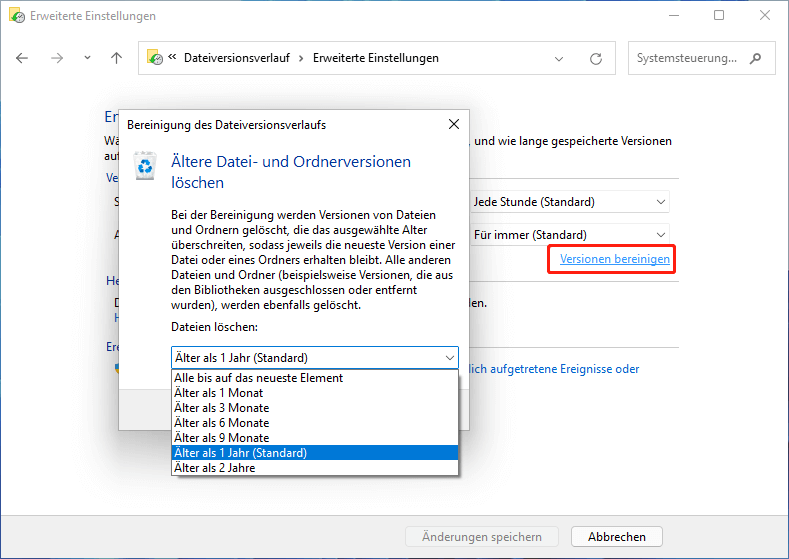 Windows 11-Dateiversionsverlauf bereinigen Sicherungsversionen