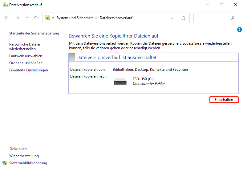 Windows 11-Dateiversionsverlauf in der Systemsteuerung
