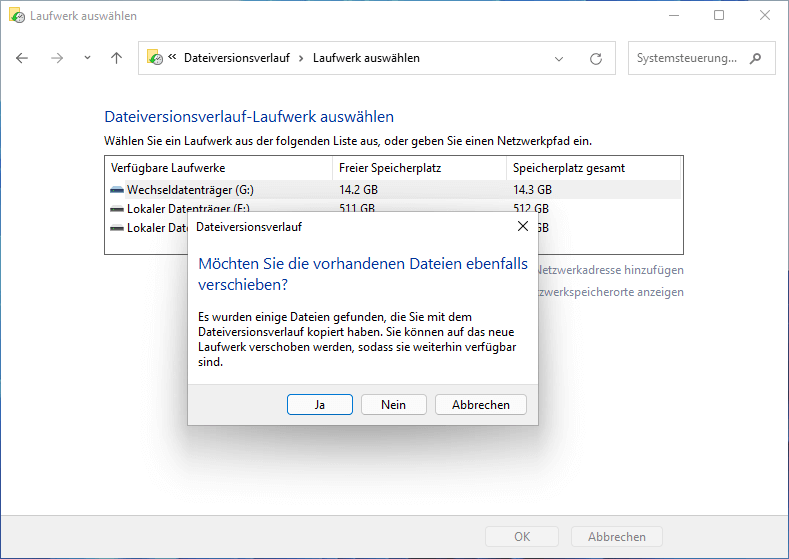 Der Windows 11-Dateiversionsverlauf verschiebt frühere Sicherungen vom alten Laufwerk an ein neues Ziel
