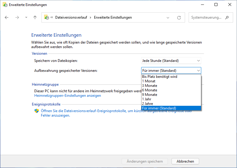 Geben Sie an, wie lange Sicherungen des Windows 11-Dateiversionsverlaufs aufbewahrt werden sollen