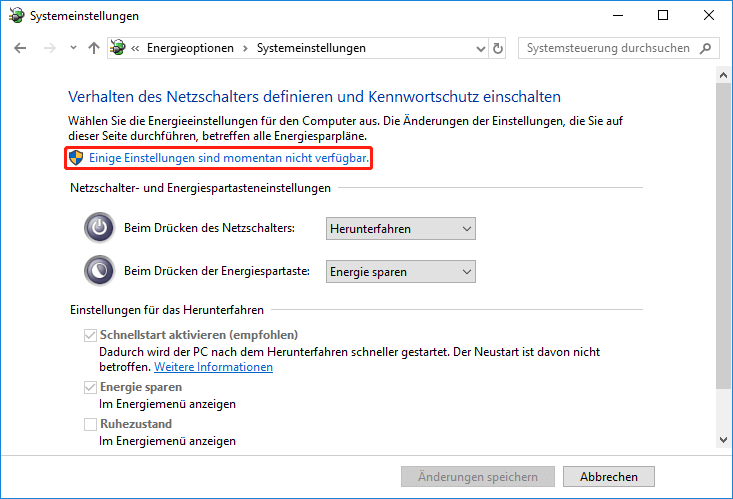 Wählen Sie Einstellungen ändern, die derzeit nicht verfügbar sind