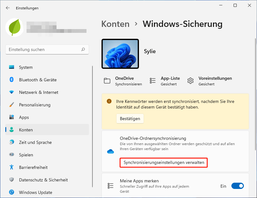 Klicken Sie in den Windows 11-Sicherungseinstellungen auf Synchronisierungseinstellungen verwalten