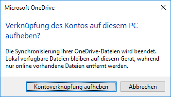 Heben Sie die Verknüpfung des OneDrive-Kontos von diesem PC auf