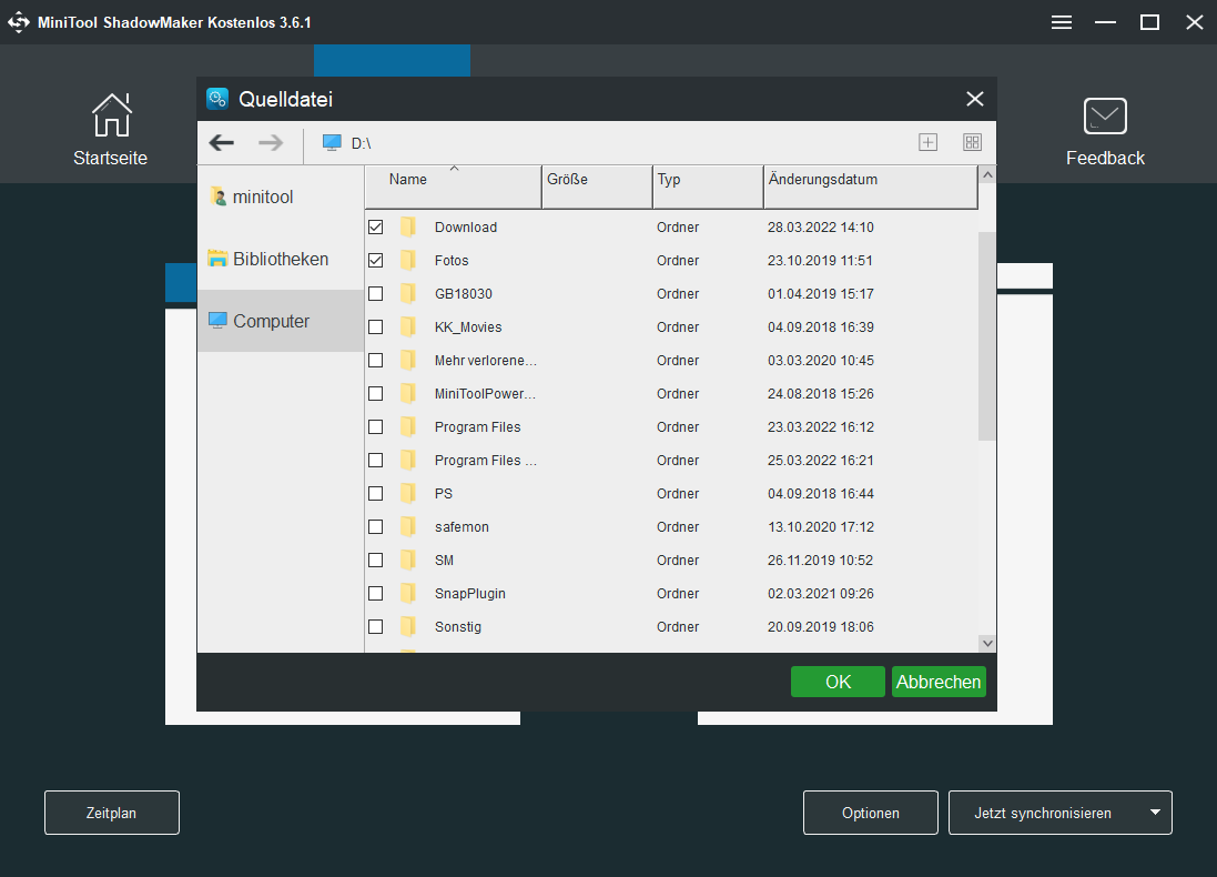 Quelle für Dateisynchronisation wählen
