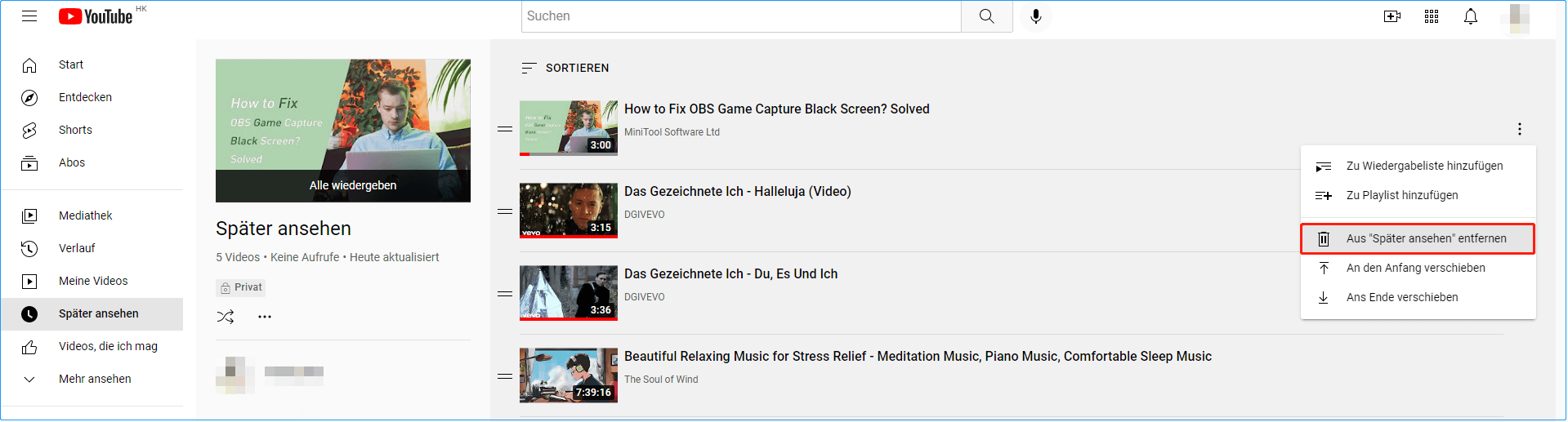 Wie löscht man Videos aus der YouTube Später ansehenPlaylist? MiniTool