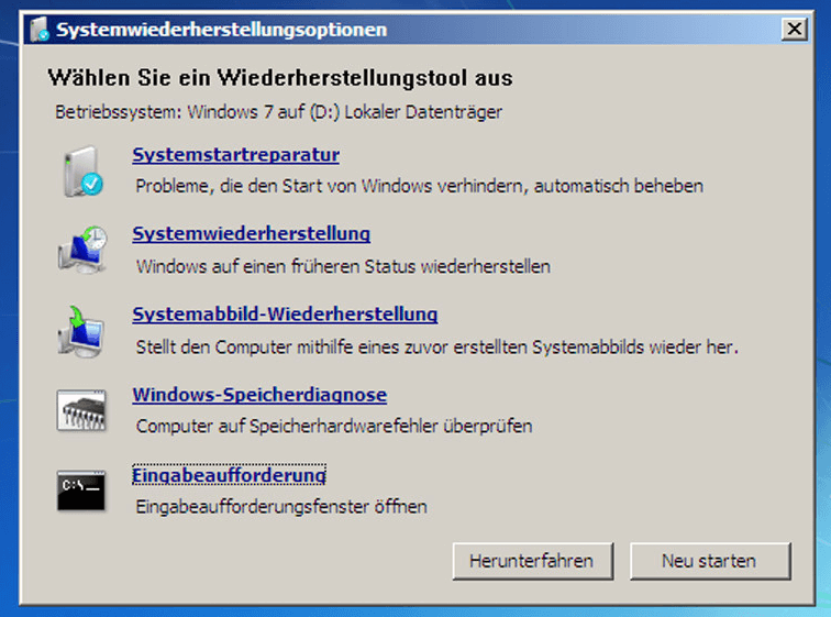 Optionen für die Systemwiederherstellung von Windows 7