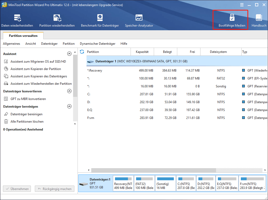 Wählen Sie Bootfähiges Medium im MiniTool Partition Wizard