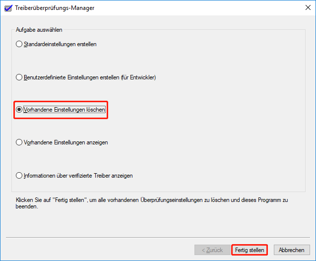 wählen Sie Vorhandene Einstellungen löschen